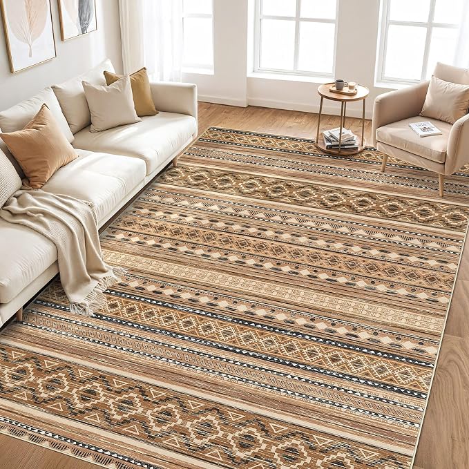 cotiled 5x8 Area Rugs Living Room Rug: Washable Boho Rugs with Non Slip Backing Large Soft Indoor Stain Resistant Carpet for Bedroom Farmhouse Dining Room Lightweight Home Decor Brown/Beige