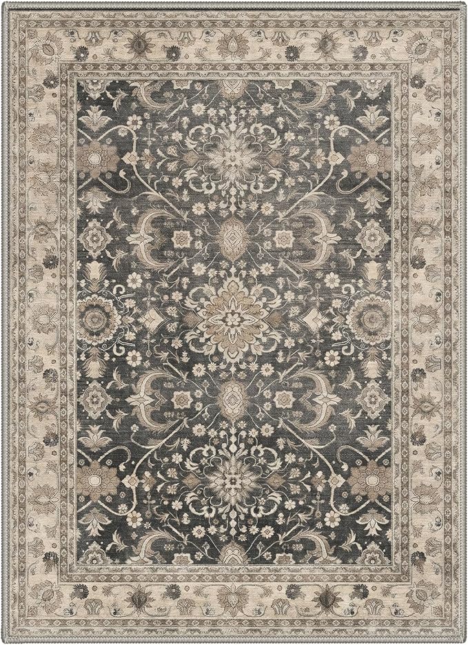 Bavni Area Rugs for Living Room, 5x7 Area Rugs Non-Slip Washable，Ultra-Thin Oriental Floral Rug for Bedroom Dinning Room Office, Dusty Taupe