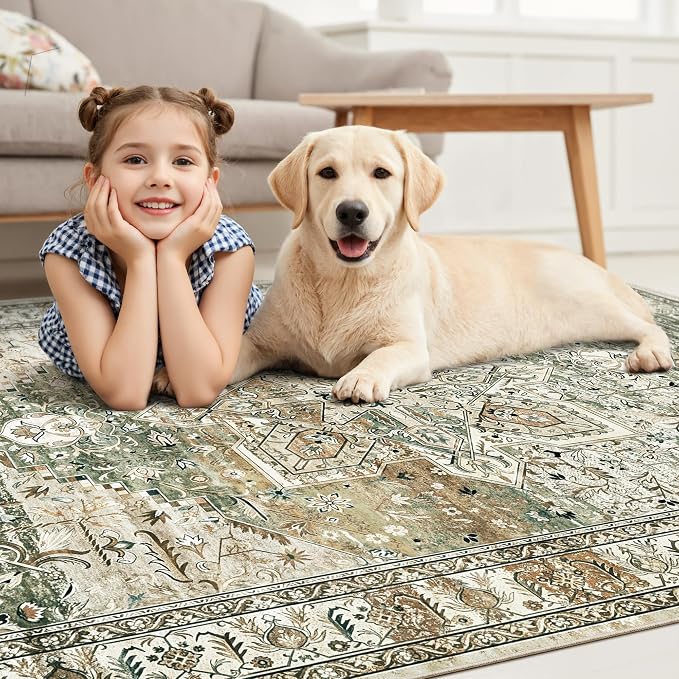 Soalmost Washable Area Rug 8x10, Large Soft Rugs for Living Room Farmhouse Vintage Area Rugs for Bedroom Dining Room Non-Slip Stain Resistant Under Table Rug Olive Beige