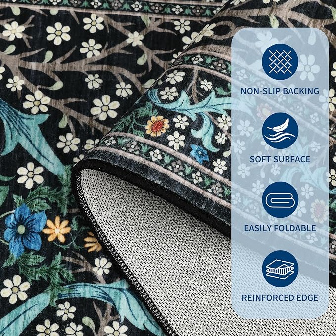 GarveeHome Floral Hallway Runner Rug, 2.5x8 Kitchen Runner Rugs, Washable Non Slip Entryway Rugs Indoor, Ultra-Thin Stain Resistant Carpet Floor Mat for Laundry Room, Black