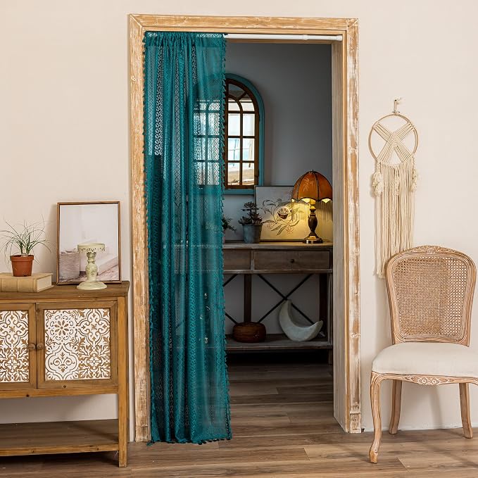 Sutuo Home Boho Sheer Doorway Curtain for Doorway Closet, Lace Door Curtain for Patio Front Door Crochet Vintage Tassels Bohemian Privacy Temporary Room Divider Rod Pocket,1 Panel 37" x 80" Teal