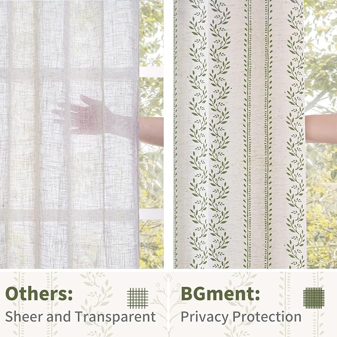 BGment Olive Green Boho Curtains Leaf Floral Print Cottage Core Botanical Curtains for Bedroom Light Filtering Curtain 84 Inch Long for Farmhouse Rustic, Each 52 Inch Wide, 2 Panels Set