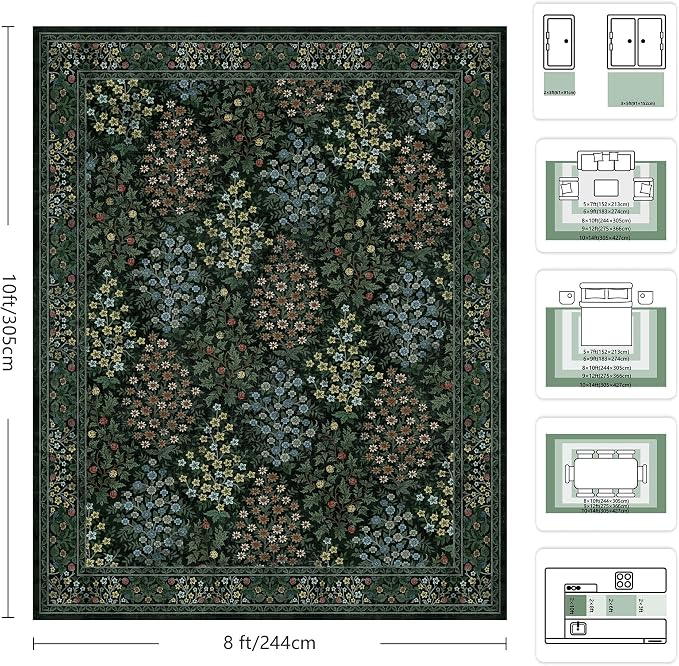 8x10 Area Rugs, Green Washable Low Pile Floral Rugs for Living Room, Bedroom, Large Boho Area Rug with Non-Slip Backing for Dining Room