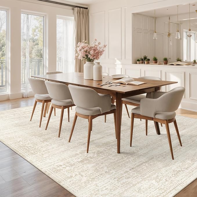 Soalmost 8x10 Area Rugs for Living Room, Washable Soft Rug Beige/Cream | Non-Slip Low Pile Natural Vintage Floral Rug Throw Carpet for Dining Room Bedroom Home Office Nursery 8'x10'