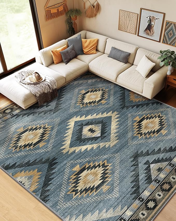 BESTSWEETIE Area Rug 5x7 Rug Machine Washable Rug Non-Slip Low Pile Print Pattern Western Rug for Living Room Bedroom Entryway Tribal Series -Navy/Grey