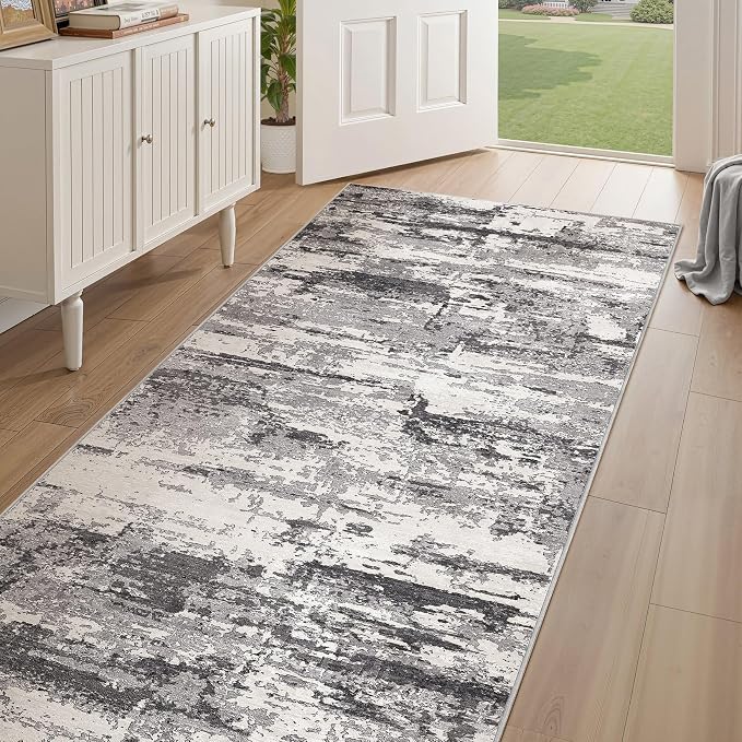 Area Rugs for Living Room: Abstract Washable Rug Modern Neutral Large Soft Stain Resistant Non-Slip Backing Machine Table for Bedroom Dining Room Indoor Home Office Carpet - 3x14 Black Grey