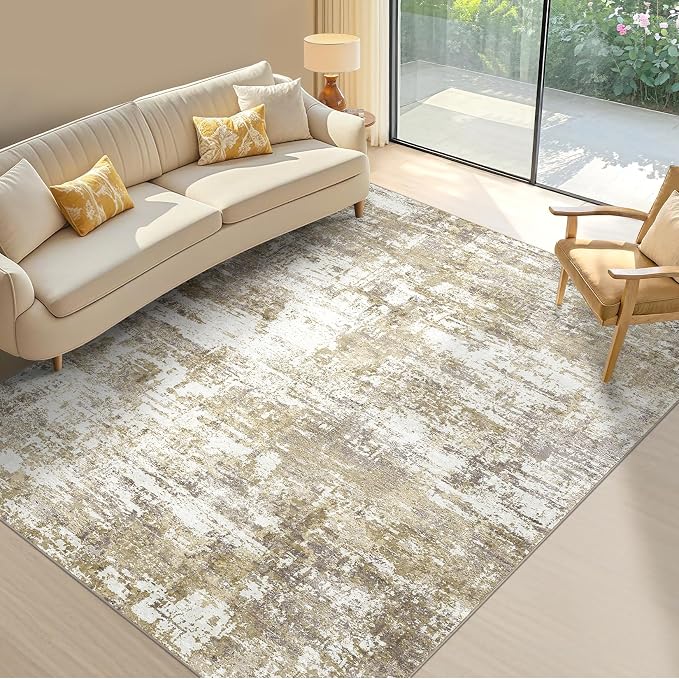 Tortania Area Rug Living Room Rugs - 6x9 Modern Abstract Neutral Large Soft Thin Rugs - Non Slip Indoor Carpet for Bedroom Dining Room Office Nursery Home Floor Decoration - Golden Brown