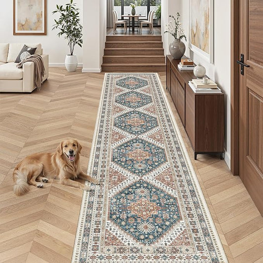 Madane Hallway Runner Rug 2'6''x14' Kitchen Runners Vintage, Navy Blue | Long Non-Slip Washable Rugs 14ft for Laundry Room, Entryway and Bedroom, Soft Low Pile Stain-Resistant 2.5x14 Ft Floor Carpet