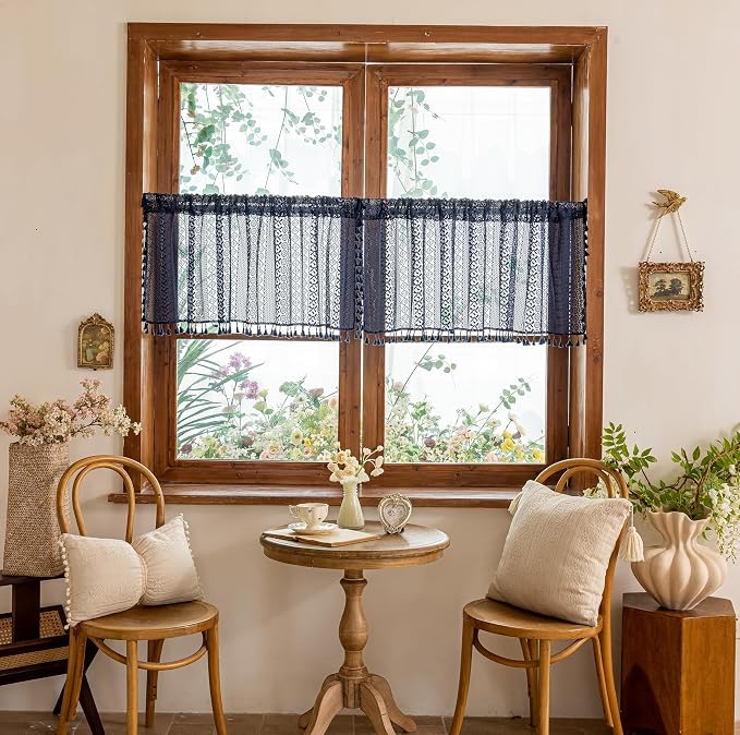 Sutuo Home Navy Blue Boho Curtains Valance 18 Inches Long for Kitchen Cafe, Sheer Lace Short Curtains Bohemian Crochet Privacy Macrame Vintage Tassels Cottagecore Closet Decor Rod Pocket,2 Panels 50"W