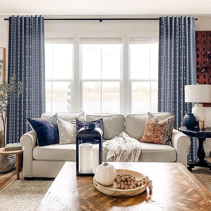 Navy Blue and White Patterned Curtains,Floral Boho Striped Print Farmhouse Winter Pattern Curtains for Living Room Bedroom 84 Inch Length