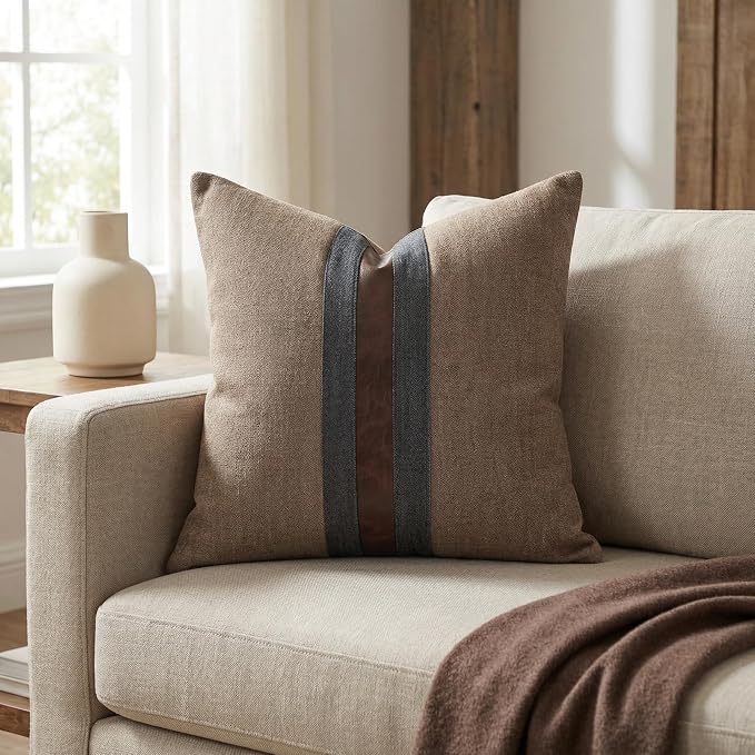 Set of 2 Leather Throw Pillow Covers Cotton Linen Decor Patchwork Pillow Cover Faux Leather Pillows Cover for Couch Sofa Living Room Bedroom,Coffee 22"x22"