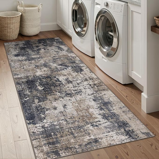 Sasttie 2x8 Soft Runner Rug for Entryway, Modern Abstract Washable Carpet for Hallway, Kitchen and Laundry Room, with Non-Slip Backing, Black and Beige