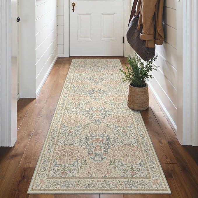 GENIMO 2.5x10 Washable Long Runner Rug, Non Slip Hallway Mat, Beige Pink | Vintage Boho Floral Low Pile Thin Mat for Entryway, Kitchen, Bedroom, Indoor Decor