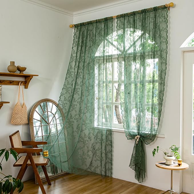 Sutuo Home Olive Green Lace Curtains 2 Panels Set for Bedroom Living Room 108 Inches Long, Sheer Privacy Light Filter Vintage Floral Embroidery Window Treatment Pair Decor, Rod Pocket, W57 x L108