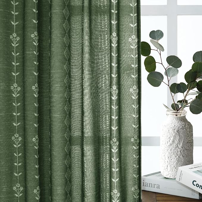 Olive Green Boho Floral Linen Curtains, Vintage Botanical Striped Plaid Pattern Semi Sheer Drapes, Dark Cottagecore Moody Curtains for Living Room Bedroom, 84 Inches Long, 2 Panels Set, Moss Green
