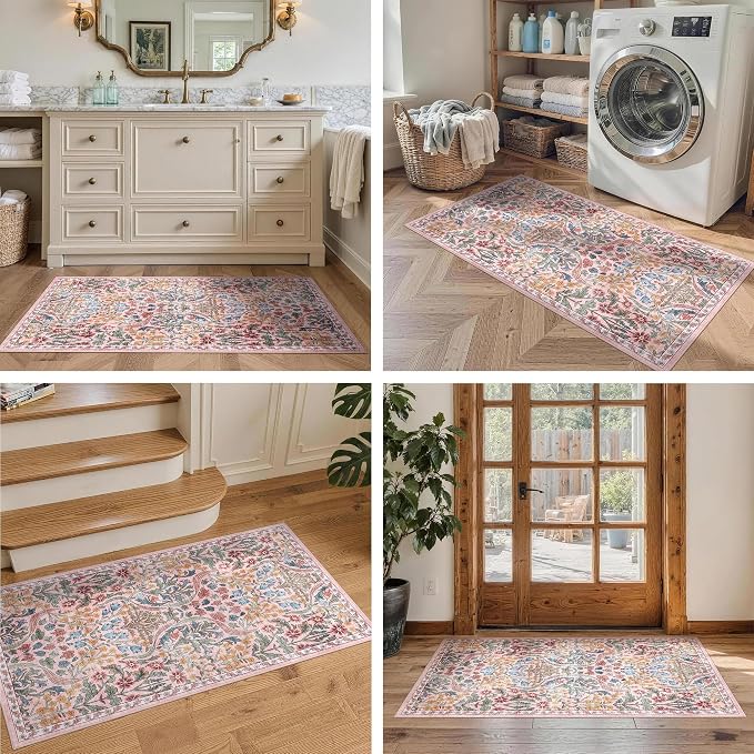 2x4 Washable Runner Rug Kitchen Hallway Area Rug Vintage Boho Floral Ultra Non-Slip Low Pile Soft Faux Wool Carpet Kids and Pets Friendly for Bathroom Bedroom Entryway Nursery Home Rug Pink