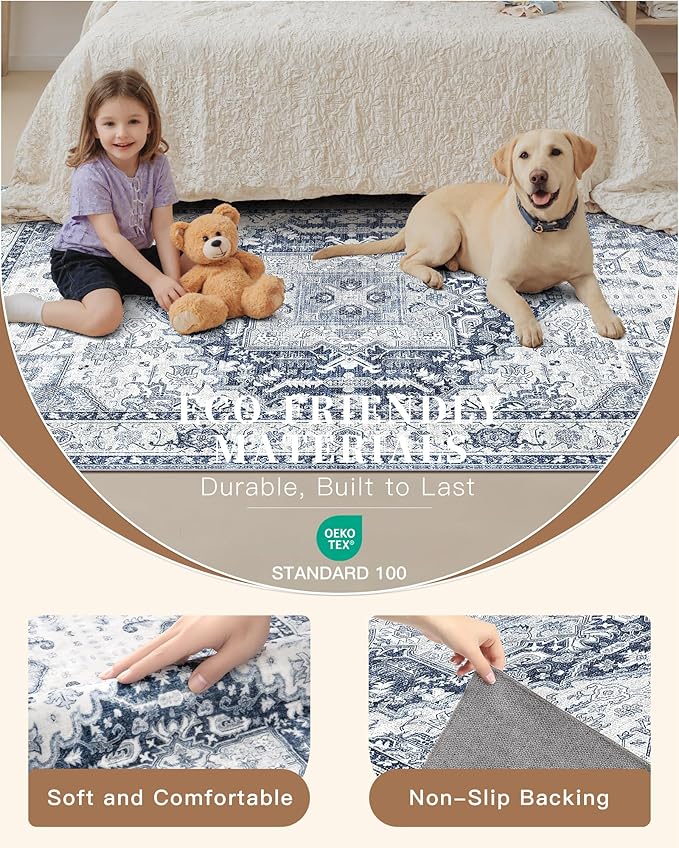 Madane Washable Runner Rugs 2x10 Long for Hallway Kitchen, Navy/White | Non-Slip Low-Pile 10ft Rug Runners Soft, Stain-Resistant Floor Carpet Mat for Entrance, Living Dining Laundry Room, Stair