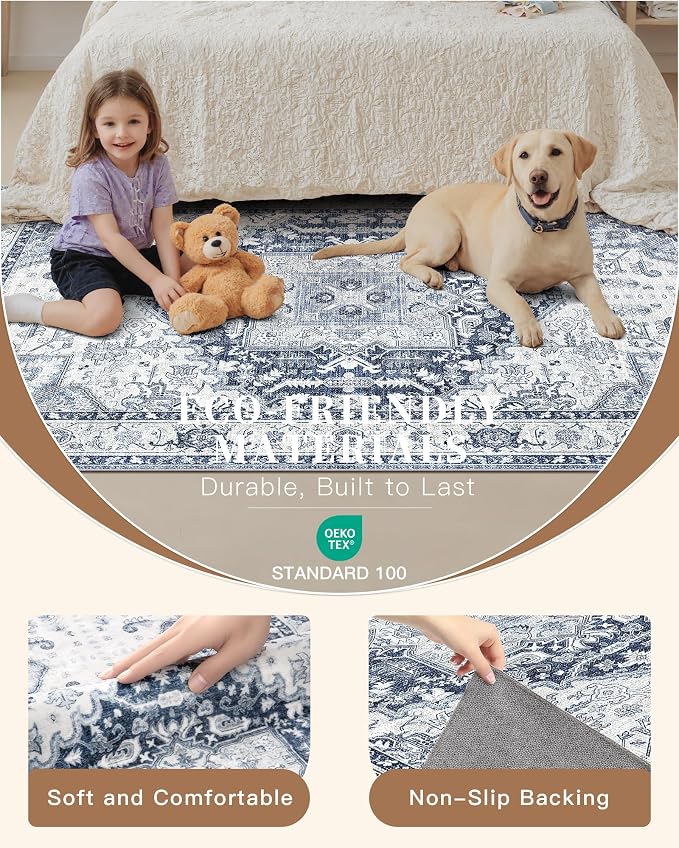 Madane Washable Runner Rug 2x6, Ultra-Thin Non-Slip Non-Shedding Hallway Runner, Stain Resistant Kitchen Mat Entryway Carpet Runner, Vintage Pet Friendly Low Pile Runners (2x6ft, Navy/White)