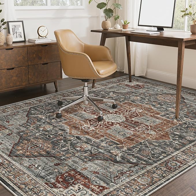 Roxstand 4x6 Area Rug - Washable Dining Room Rug with Non-Slip Backing, Small Rugs for Entryway, Kitchen, Bedroom, Stain Resistant Vintage Rug for Room Decor (Grey/Brown/Tan, 4'x6')