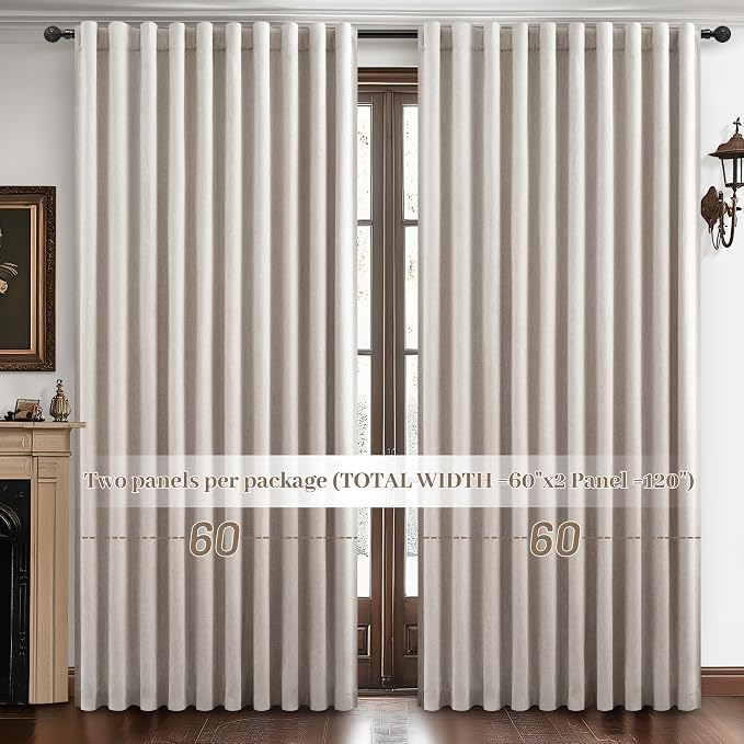 Blackout Curtains 60 Inches Extra Wide Natural Linen Curtains 108 Inch Length for Living Room, Pleated Farmhouse Bedroom Thermal Heavy Drapes for Winter Thick Large Window 60"W x 108"L 2 Panels