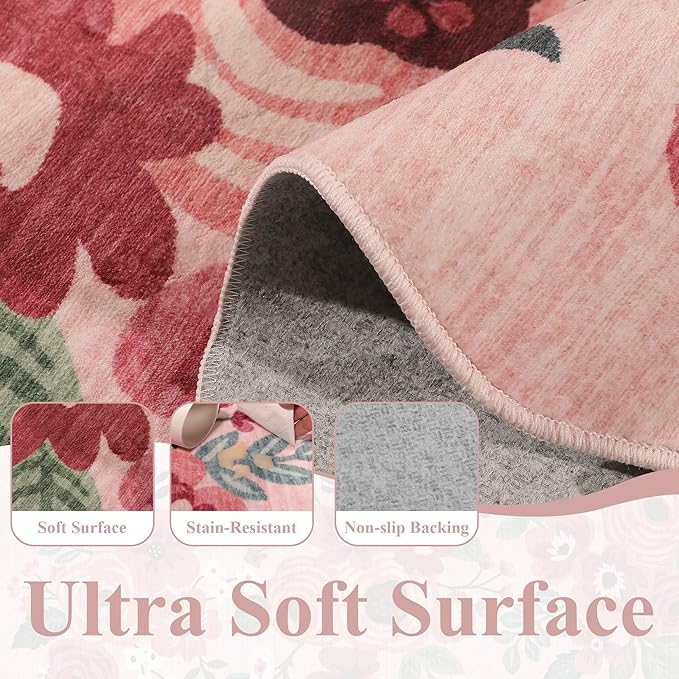 DUKINO 2x10 Runner Rug for Hallway, Washable Kitchen Rug with Non Slip Backing & Non-Shediing, Soft Low Pile Floral Design Runner for Bedroom, Kithchen, Living Room, Laundry, Bathroom, Pink
