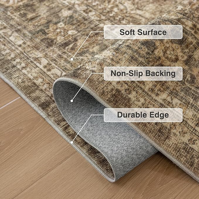 Fmfunctex 2x6 Runner Rug Brown Vintage Neutral Washable Distressed Non Slip Low Pile Indoor Carpet Soft Retro Floral Hallway Entryway Rug for Kitchen Living Room Bedroom Bathroom Laundry Entry Bedside