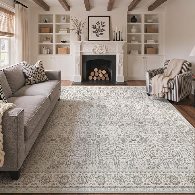 Bavni Washable Rugs 9x12 Machine Washable Rug Lightweight Low Pile, Vintage Floral Rug Non-Shedding Distressed Throw Carpet for Living Room Bedroom Office, Light Grey