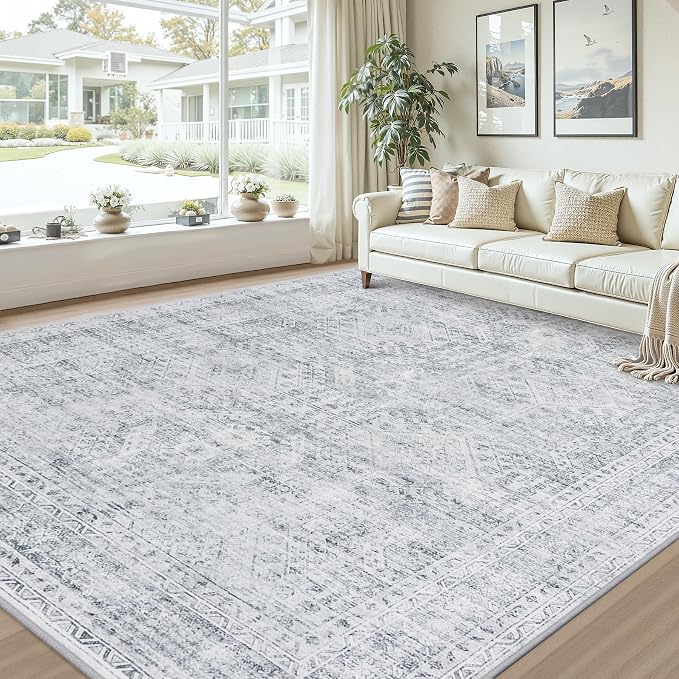10x14 Area Rug for Living Room: Vintage Boho Neutral Washable Rug Indoor Soft Large Area Rug Carpet for Bedroom Nursery Farmhouse Dining Room Office Floor Non-Slip Low Pile Under Table Rug Gray