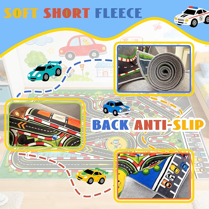 Kids Racing Rug 63''x94'' Car Road Kid Rug Carpet Playmat for Playoom Traffic Road Kid Play Mat for Bedroom，Kids Educational City Traffic Road map Fun Carpet (Blue)