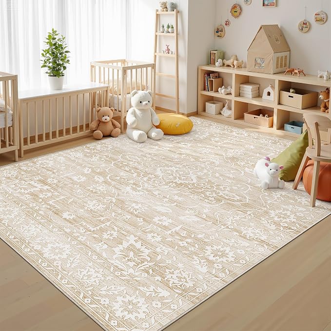 Soalmost 6x9 Area Rugs for Living Room, Washable Neutral Soft Rug Beige | Vintage Floral Non-Slip Low Pile Throw Large Carpet for Dining Room Bedroom Kitchen Home Office Nursery 6'x9'