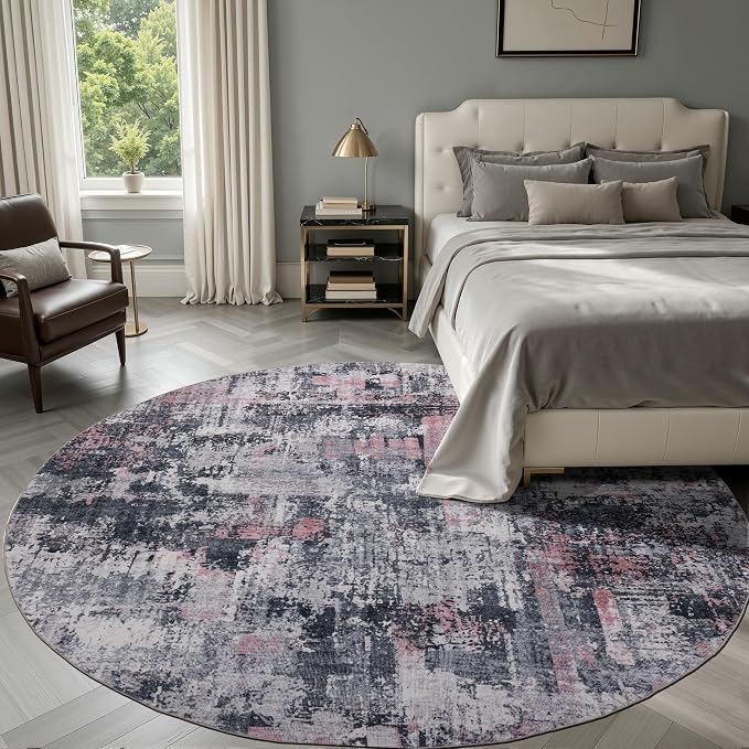 Sasttie 6ft Soft Round Area Rug, Modern Abstract Washable Circle Carpet for Living Room, Bedroom, Dining Room Table, with Non-Slip Backing, Black and Pink