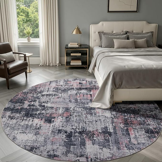 Sasttie 6ft Soft Round Area Rug, Modern Abstract Washable Circle Carpet for Living Room, Bedroom, Dining Room Table, with Non-Slip Backing, Black and Pink
