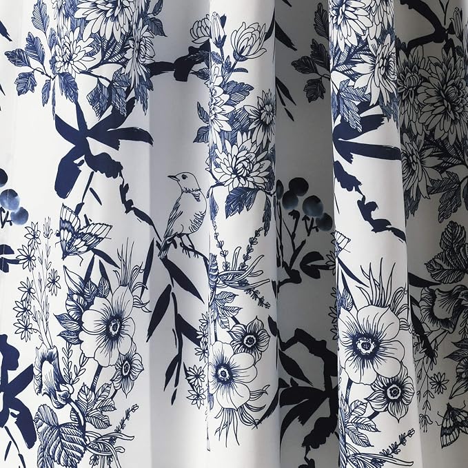 Lush Decor Botanical Garden Curtains Floral Bird Print Light Filtering Window Panel Drapes Set for Living, Dining, Bedroom (Pair), Navy, 52"W x 95L"