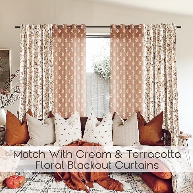 Boho Curtains 84 Inch Length 2 Panels Set for Bedroom,Vintage Floral Rustic Bohemian Terracotta Rust Color Block Print Western Long Linen Sheer Printed Farmhouse Curtains for Living Room