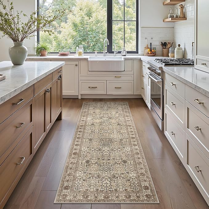 Bavni 2x5 Rug Runners for Hallways, Washable Runner Rug Non Slip,Vintage Floral Print Style Rugs for Bedroom-Lightweight Low Pile Carpet for Hallways Bathroom, Dark Espresso