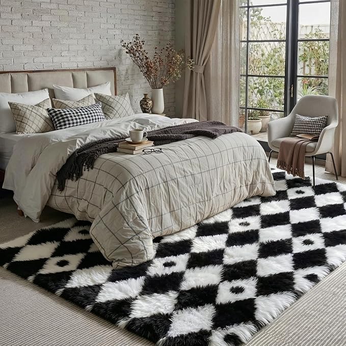 PureCozy Checkered Rug 5x8 Fluffy Shag Living Room Black and White Area Rug Modern Washable Carpet Soft Shaggy Non Slip Indoor Plush Fuzzy Rugs for Bedroom Dorm Office Home Aesthetic Decor