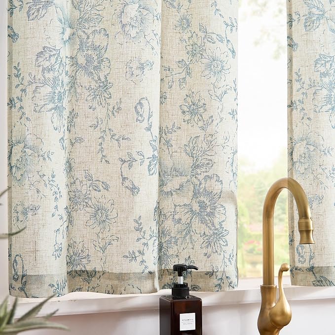 jinchan Linen Kitchen French Floral Tier Curtains 30 Inch Farmhouse Vintage Cafe Small Window Rustic Half Window Curtains for Living Room Bathroom 2 Panels Blue on Beige