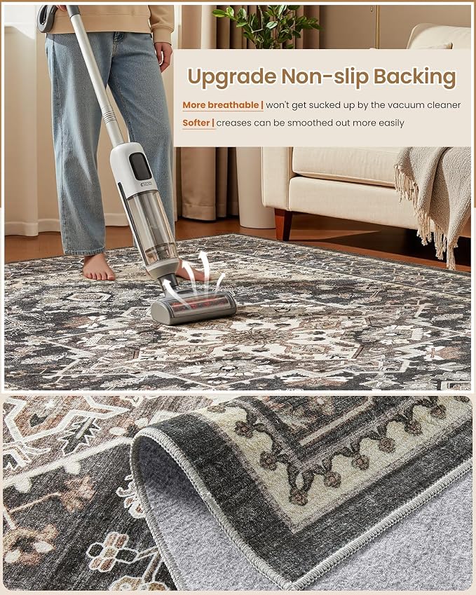 8ft Round Area Rug: Washable Vintage Neutral Soft Non Slip Thin Large Floor Carpet for Living Room Bedroom Kitchen Dining Room Home Office Farmhouse Indoor - Black