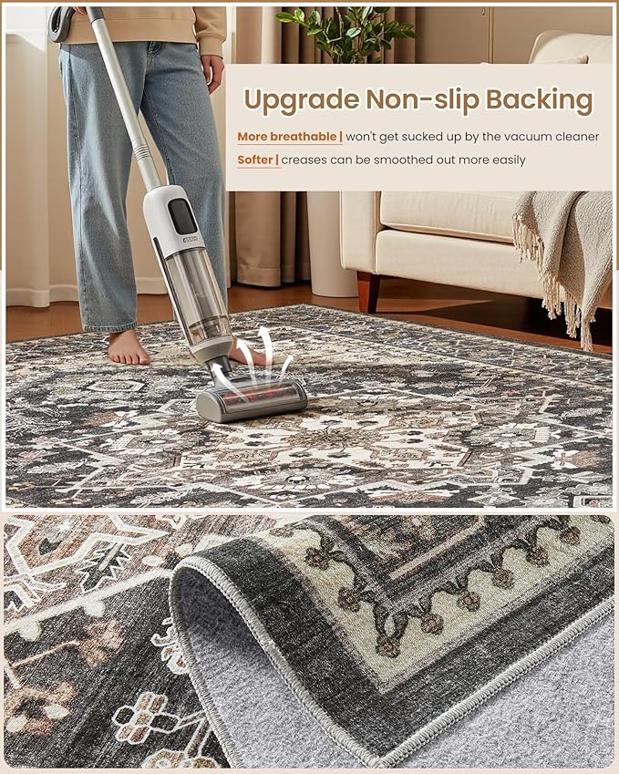 12x15 Vintage Area Rug: Washable Neutral Soft Non Slip Thin Large Floor Carpet for Living Room Bedroom Kitchen Dining Room Home Office Farmhouse Indoor - Black