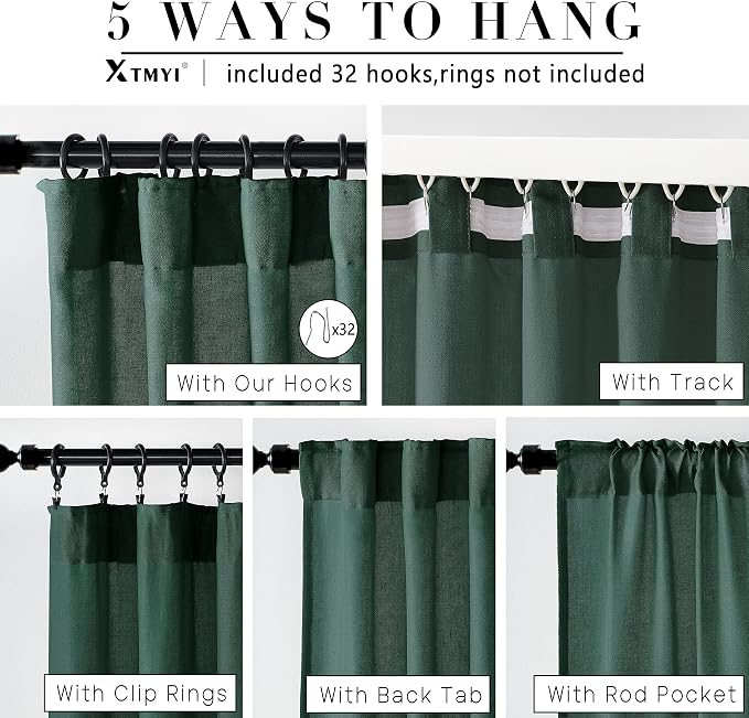 XTMYI Luxury Curtains for Living Room,Emerald Dark Green Sheer Linen to Match Gold Art Deco Curtains for Bedroom,Set of 2 Panel Curtains,50 Wide x 108 Inches Long