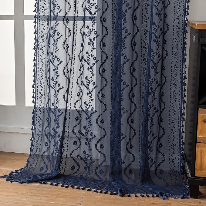 WAZZIO Boho Lace Curtains 2 Panels 63 Inch -Victorian Sheer Panel Drape French Country Floral Pattern & Tassel Light Filtering Privacy for Bedroom Dining Living Room,Coastal Decor,Navy Blue,W52x L63