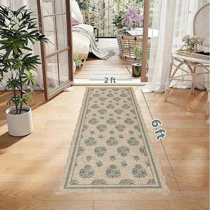 ORTIGIA Scalloped Easy Jute 2x6 Kitchen Runner Rug Vintage Green Floral Accent Farmhouse Washable Rug Non-Slip Outdoor Carpet for Entryway Indoor Hallway Patio Laundry Room