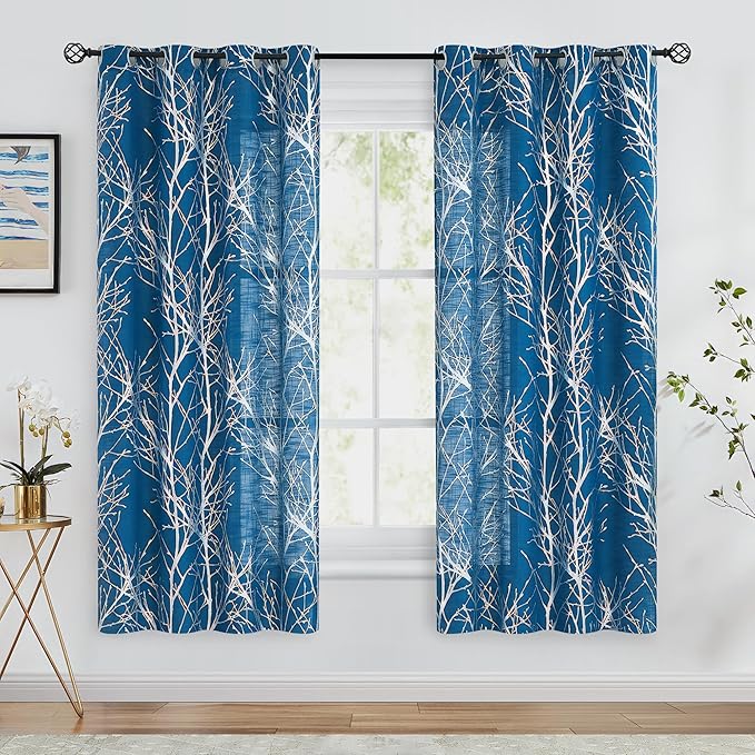 FMFUNCTEX Linen Semi Sheer Curtains for Bedroom & Living Room, Silver Metallic Print Navy Blue Tree Panel, Light Filtering, 63 Inches Long, 2 Panels