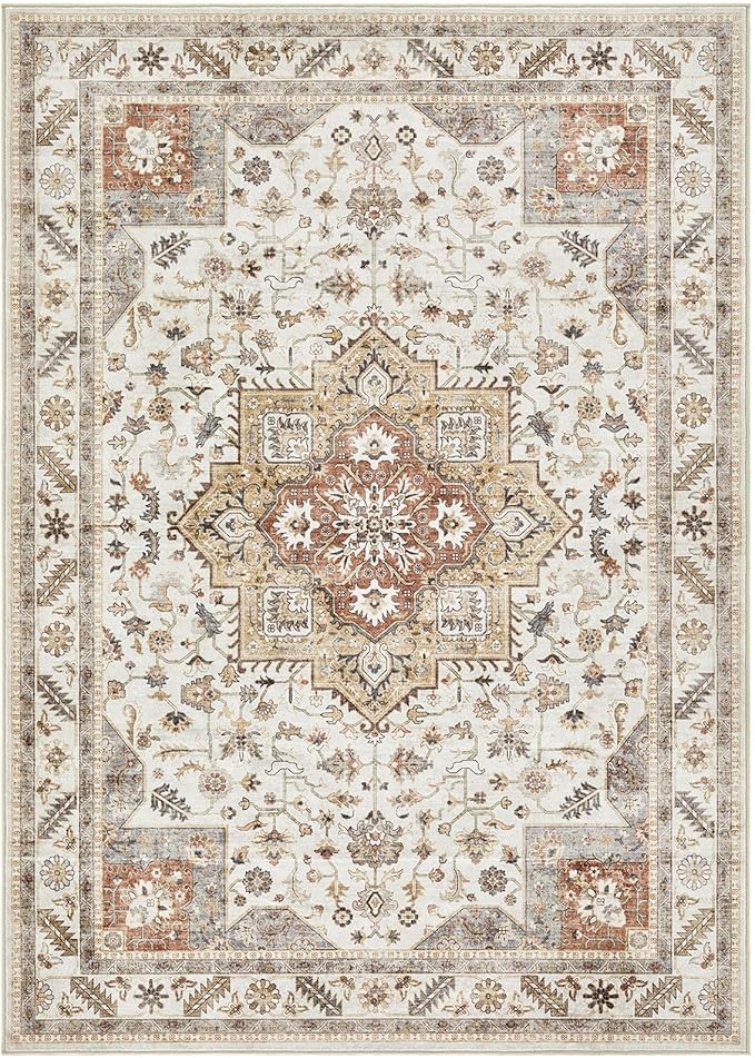Vintage Living Room Area Rug 7x9 - Large Soft Washable Oriental Traditional Distressed Farmhouse Rugs for Bedroom - Indoor Floor Accent Carpet for Home Office House Decor - Golden Taupe