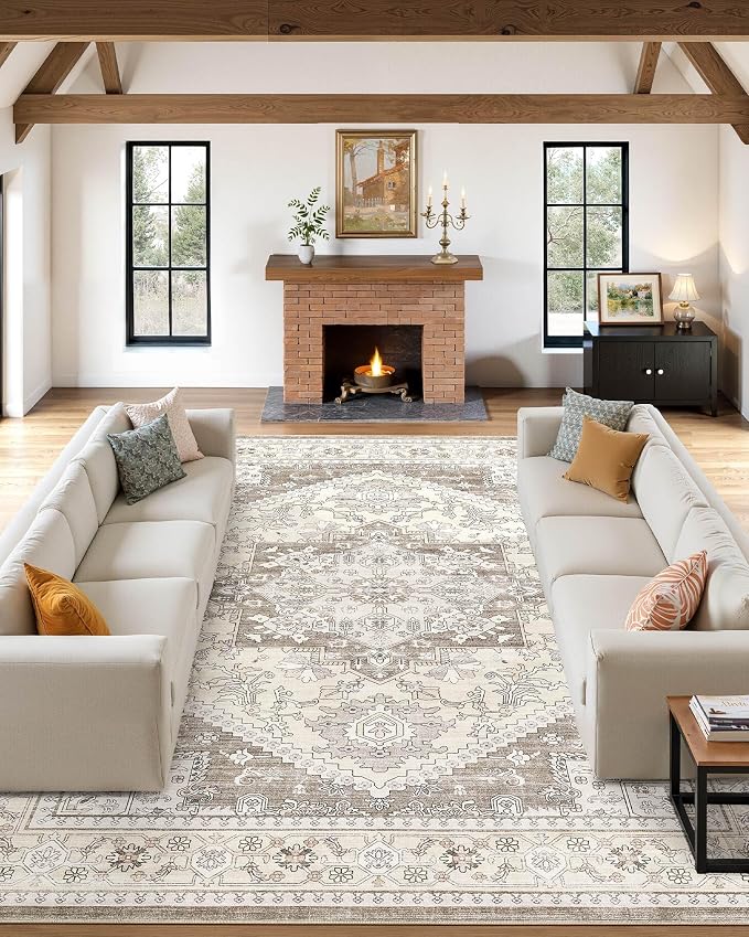 5x8 Vintage Area Rug: Washable Neutral Soft Non Slip Thin Large Floor Carpet for Living Room Bedroom Kitchen Dining Room Home Office Farmhouse Indoor - Brown