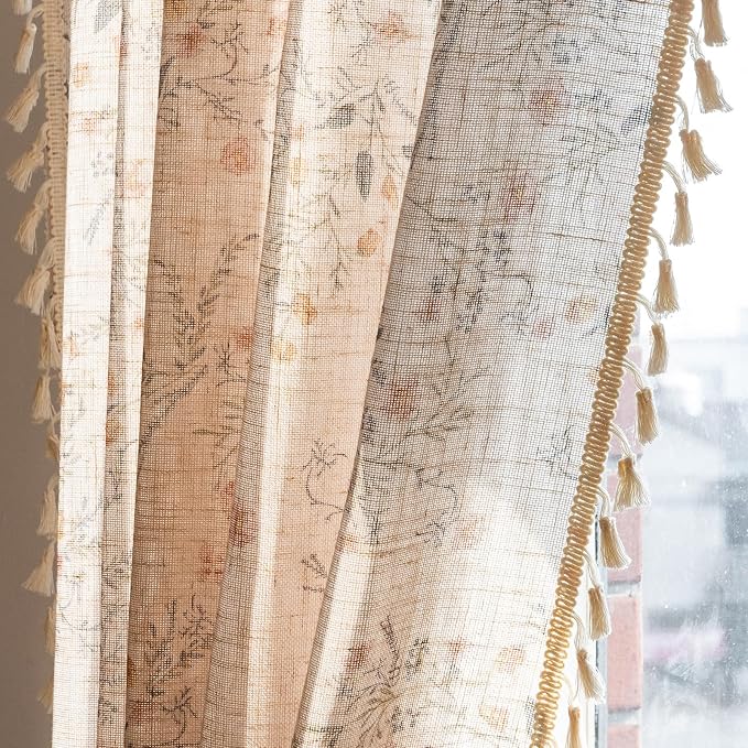 OYX Boho Floral Curtains 84 Inch, Farmhouse Wildflower Drapes with Tassels, Linen Textured Light Filtering Semi Sheer Curtains for Living Room Bedroom, 2 Panels, Rod Pocket, 52Wx84L