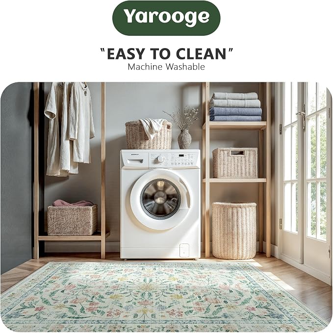 5x7 Area Rugs, Vintage Rugs for Bedroom, Indoor Non-Slip Washable Rug for Living Room, Dining Room, Low Pile Home Decor Floral Rug(Beige Bloom)