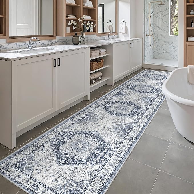 Madane Washable Runner Rugs 2x10 Long for Hallway Kitchen, Navy/White | Non-Slip Low-Pile 10ft Rug Runners Soft, Stain-Resistant Floor Carpet Mat for Entrance, Living Dining Laundry Room, Stair