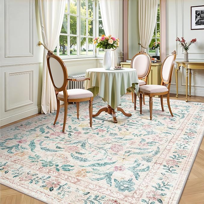 5x7 Area Rugs, Vintage Rugs for Bedroom, Indoor Non-Slip Washable Rug for Living Room, Dining Room, Low Pile Home Decor Floral Rug(Pink Bloom)