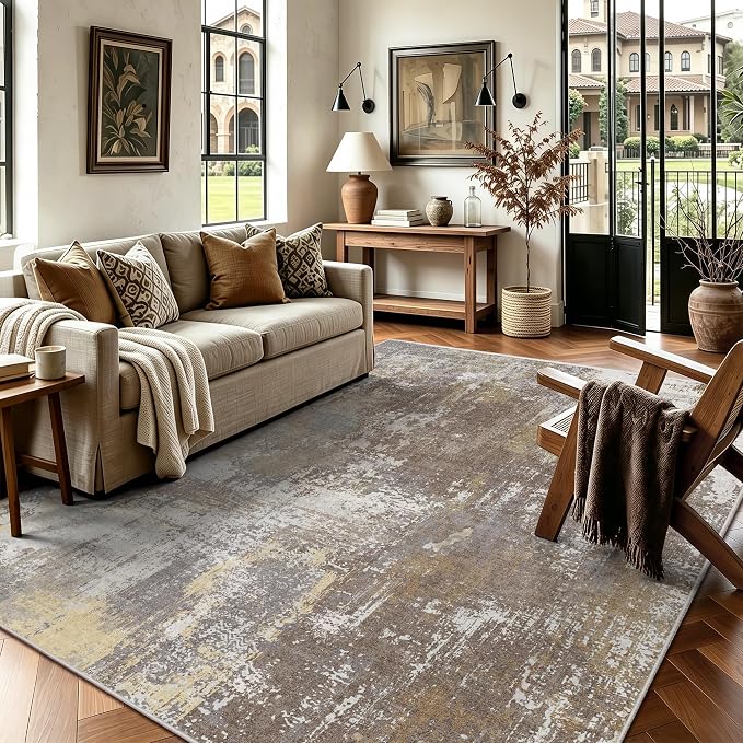 5x7 Rugs for Living Room - Modern Abstract Washable Rug, Ultra Soft Non Slip Low Pile Large Rugs, Floor Carpet for Bedroom Dining Room Office Laundry Nursery Home（Taupe）